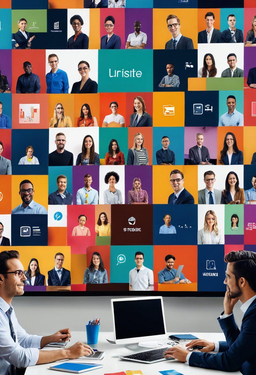 A dynamic digital collage featuring diverse team members engaged in a vibrant virtual workspace, showcasing video calls, shared screens, and brainstorming sessions. Include visual elements like floating icons for collaboration tools and colorful charts reflecting progress. The background should evoke a sense of unity and innovation with abstract patterns illustrating a global network. super-realistic. vibrant colors. 3D.