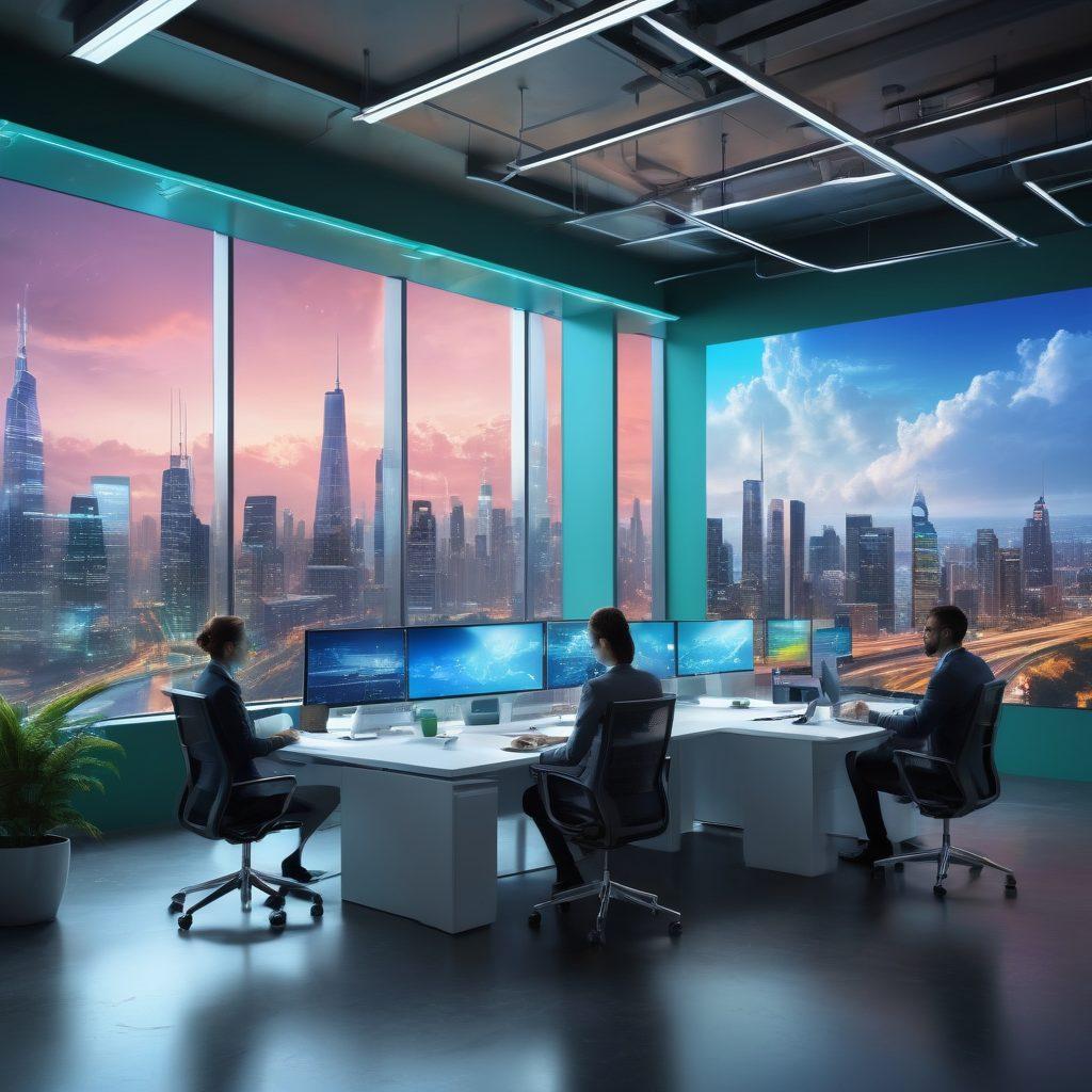 A futuristic office with diverse professionals collaborating over floating digital screens, showcasing cloud-based tools and data streams. The workspace is bright, open, and tech-savvy, filled with vibrant holographic elements representing cloud networks. Include a backdrop of a city skyline through large windows, symbolizing global connectivity. The color scheme should be modern and energetic, with hints of blue and green to represent technology and innovation. super-realistic. vibrant colors. 3D.