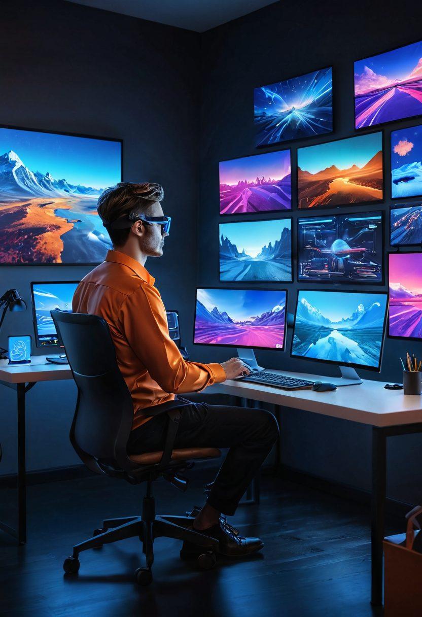 A visually striking scene featuring a person sitting at a futuristic workstation, surrounded by vibrant virtual desktop screens displaying various digital landscapes and applications. The individual is immersed in work while wearing sleek augmented reality glasses, showcasing a blend of productivity and cutting-edge technology. The background should be a high-tech, open workspace with neon accents, symbolizing remote work success. super-realistic. vibrant colors. 3D.